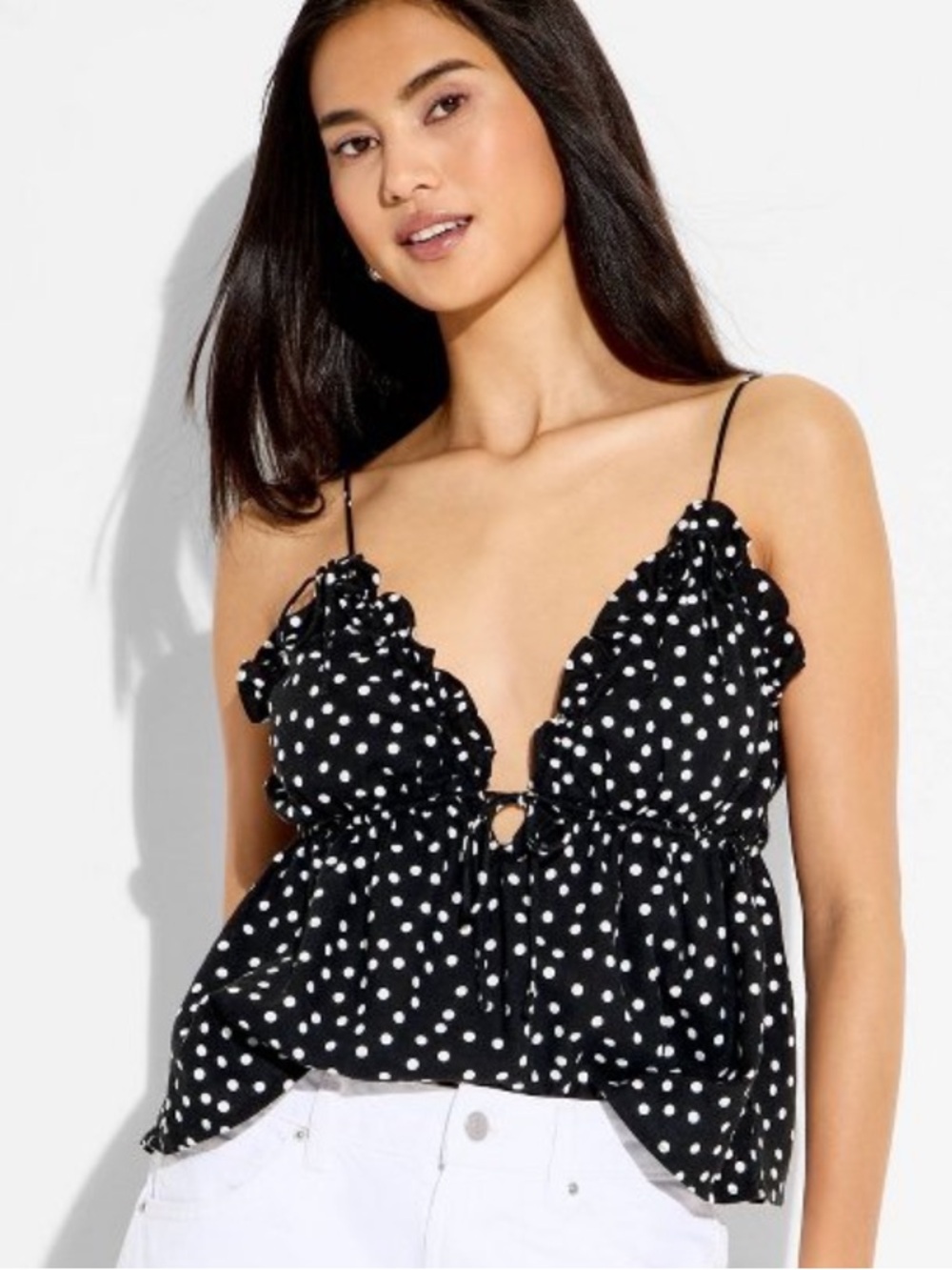 wild fable Black Polka Dot Ruffle Tie-Front Cami